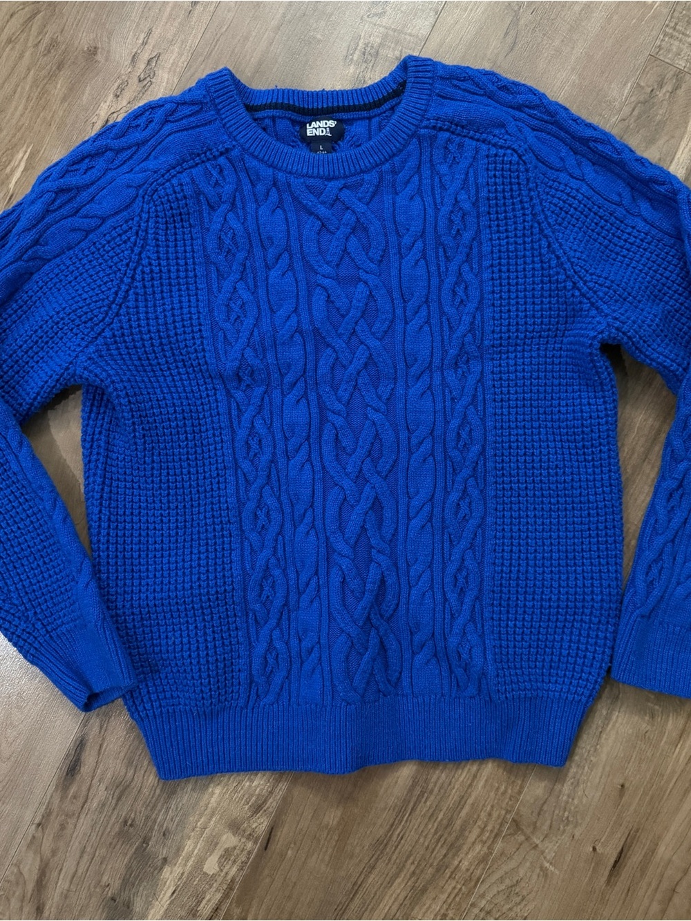 Lands' End Men's Cable Knit Fisherman Sweater Wool Blend in Royal Blue
